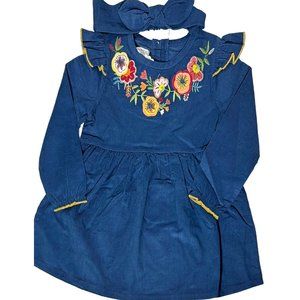 Mud Pie navy blue FLORAL CORDUROY DRESS & HEADBAND SET NWT 3T embroidery holiday